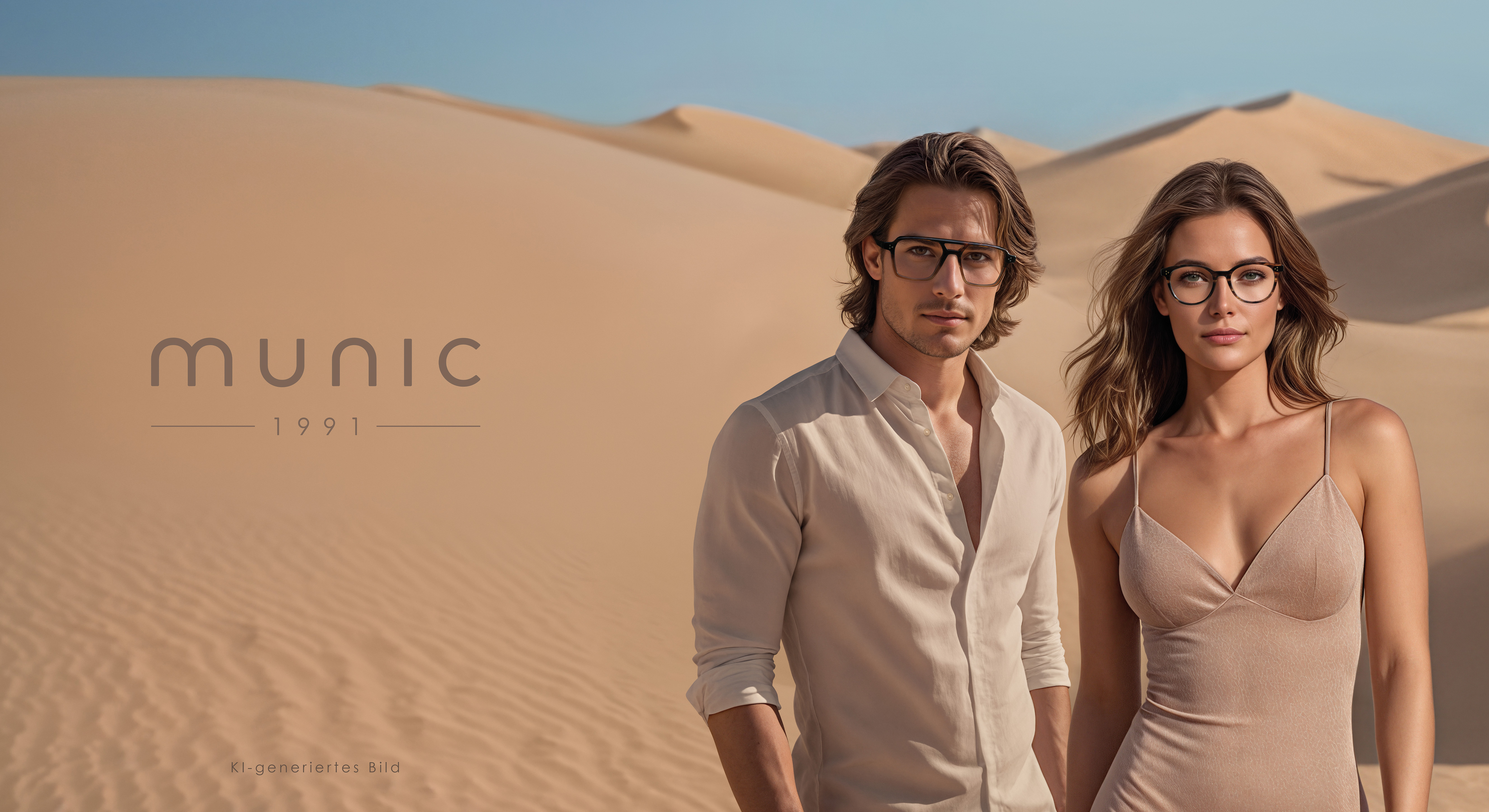 Ein Mann und eine Frau mit Brille und heller Kleidung stehen in einer sonnigen Wüste mit Sanddünen im Hintergrund. Links ist der Text MUNIC 1991 zu sehen.